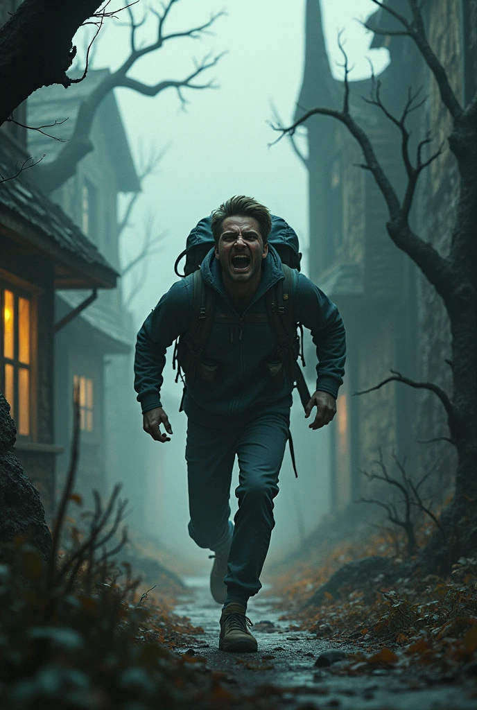 The hiker running through the village, panic-stricken, trying to escape. The village looks even more eerie and twisted.