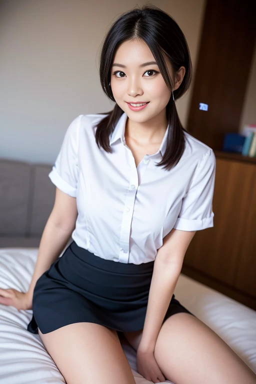 (A beautiful Japanese office lady, age 28, wearing Sky-blue Sophie-White shirt with buttons,  grey mini-skirt, sitting in bed, legs crossed, at midnight, 

Mischievous expressions, cheeky smile, dimpled cheeks, cute snaggle-tooth, short bob hair, short ponytail, symmetrical face, realistic detailed face, beautiful detailed eyes, detailed face, perfect body proportions, ample round bosoms, medium breasts,

photorealistic, hyper-realism, high contrast, ultra HD, realistic skin textures, top image quality, top-quality, super high resolution, fine details, very meticulously, masterpiece, head to knees, High Angle Shot, full body shot, cowboy shot, bokeh background)