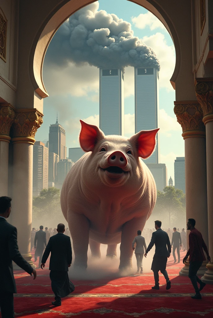 A big pig invades a mosque and people run away. Plane are crash Twin towers