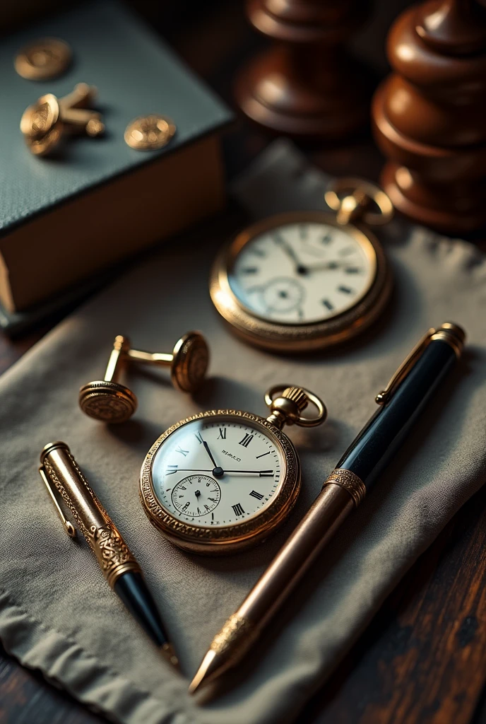 Vintage Accessories Flatlay: Arrange vintage luxury accessories like a pen, cufflinks, and a pocket watch on a textured surface, with soft lighting to highlight the details.