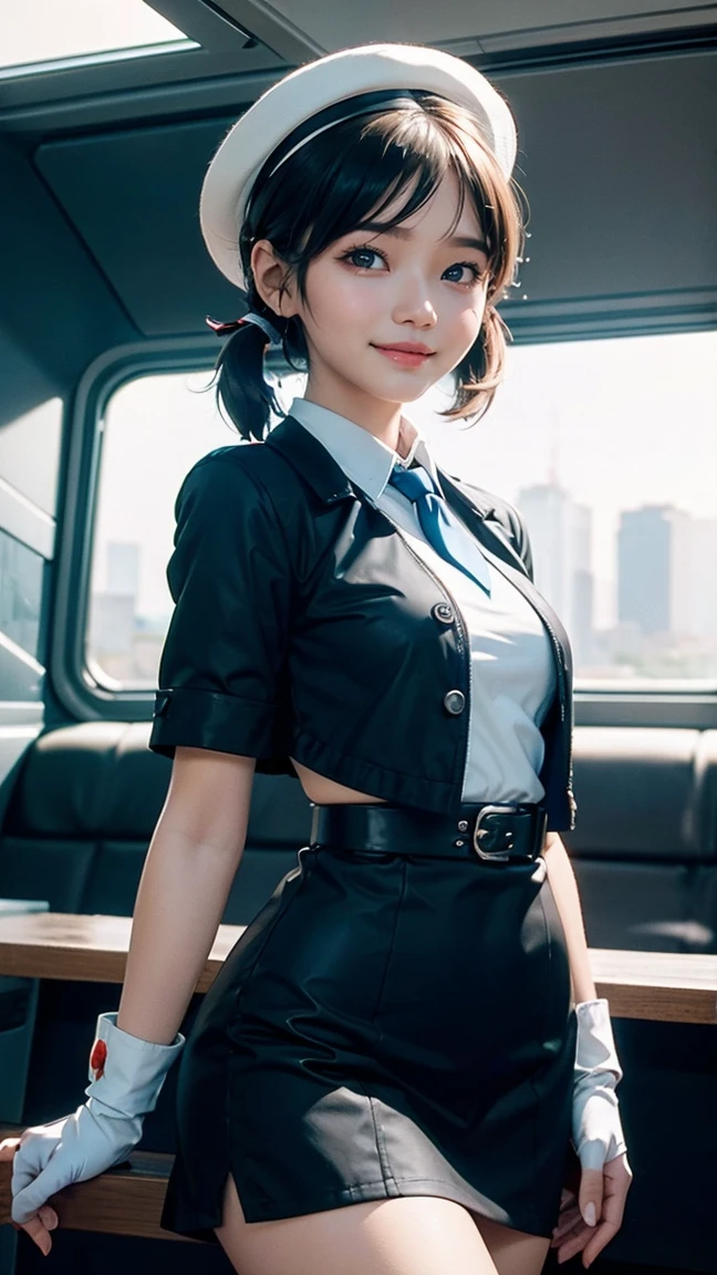 2 days, Masterpiece, best quality, anime, Highly detailed face, Highly detailed eyes, highly detailed background, perfect lighting, cowboy shoot, 1 girl, alone, Aki Rosenthal, Collar dress, short dress, short sleeve, blue jacket, black thighs, single hair, long hair, Low Twintails, bob cut, necktie, hat, white gloves, elbow gloves, wide hips, smile, stand, inside a spaceship