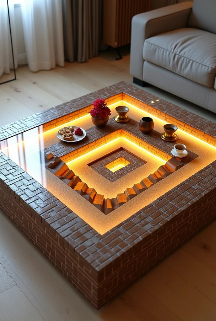 Small square coffee table handcrafted, featuring a two-way mirrored glass top that reflects a stunning visual effect inside that resembles a tunnel, a deep, endless well, and an endless staircase lit from the inside with warm golden LED lighting. The sides are covered with brick wallpaper that simulates the look of 3D textured wallpaper.. The table is decorated with simple decorations such as golden pedestals, small flowers, a cake and nuts, and contains a red rose and a tea cup. . The table is placed on a light-colored wooden floor.. The table design combines simplicity and elegance with a touch of modernity, making it a distinctive piece of art in any room or living room.