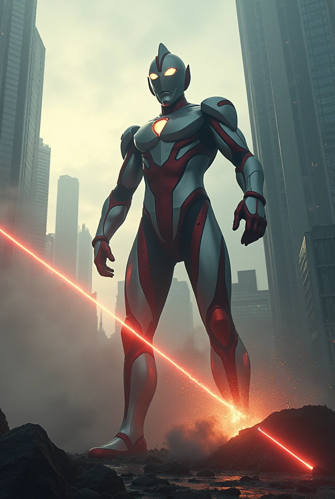 (Masterpiece, Excellent, Ultra Delicate, High Resolution), Male Focus, (((Ultraman))), (((No Muscles))), (His head is tapered, his body is made of red and silver, his arms are streamlined, there is a round calculator on his chest, he looks tall and thin, the overall look is streamlined and modern), (Standing pose), Pose for Photo, High Angle, Dark Night, City Ruins, Background Details, ((((Full Body))), from above, Solo, ((((Sense of Greatness) ))
