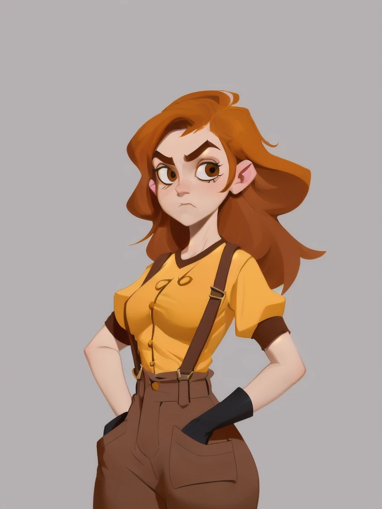 concept art, European and American comics, game character design, RPG Fantasy Game Characters, solo, 20-year-old European woman, dark red hair, long hair,  (((a yellow fabric short-sleeved shirt that feels a little long, The length of the short-sleeved shirt covers the elbow., A slightly lighter colored yellow undergarment worn under a short-sleeved shirt))),white background,Gentle eyes, Brown eyebrows, black eyes, Large eyes in a cartoonish style, but not too big, Holding a knife, Shoulder and waist protectors with orange checkered pattern , black eyes, Focused on the upper body, Make your face look bigger,((Draw only up to the waistline))), (((Zoom in so the face is clearly visible))), (((Focused on the upper body))), A brown suspender strap that goes from the waist to the shoulder, brown pants, brown leather gloves, Four small bag-shaped pockets attached to the waistband, two on each side., 