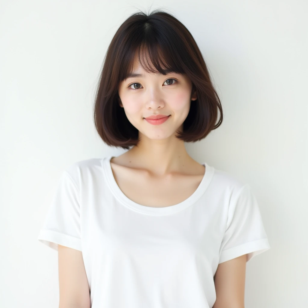 Short Hair ,Top quality, 1 beautiful woman, age 28, white T-shirts, 35mm lens, f/1, cowboy shot, (white background: 1.3)Japanese Straight Hair