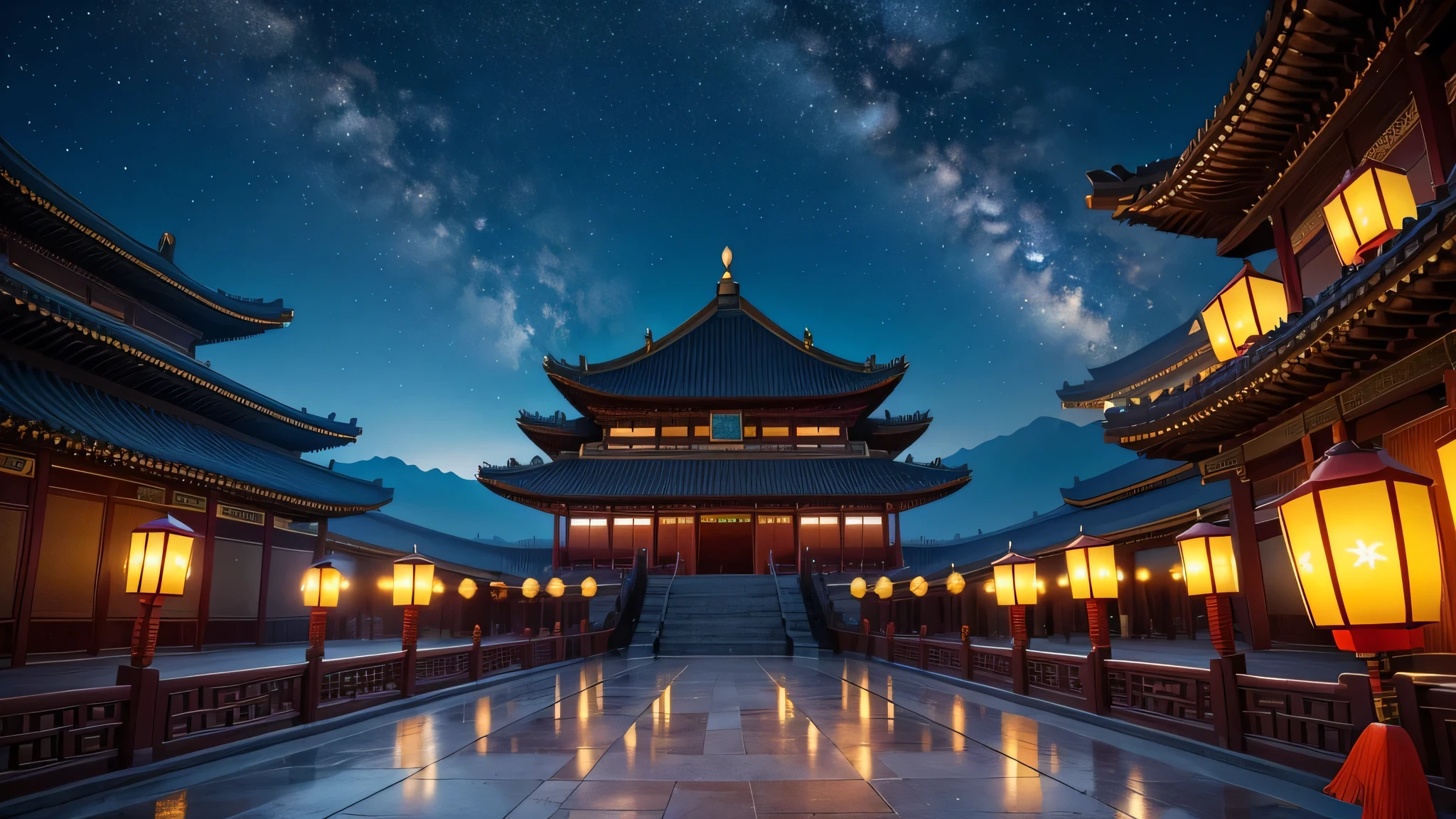 A complex of ancient Chinese architecture,Magnificent,In the center stands a grand palace, its roof adorned with shimmering gems.,Within the architectural complex, there is a spacious square,Lanterns of various colors are hung in the square,The sky is a deep blue, star-studded night sky,Under the starry sky, they appear grand and mysterious,The atmosphere is majestic,high quality,masterpiece,Lots of details,8k,Amazing