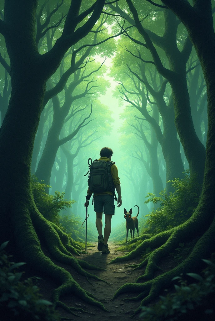The hiker entering the dense forest, but no matter how far they run, they always end up back in the village center.