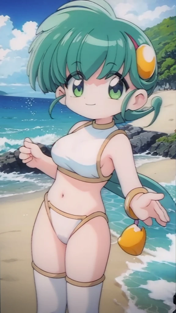 Hiiragi Rokuna, 4K, Huge breasts, (Young face:1.2), (smile:1.3),cowboy shot,((ultra sexy triangle thong Bikini)),((((nfsw)))),beach,((nude)),Greenhair,