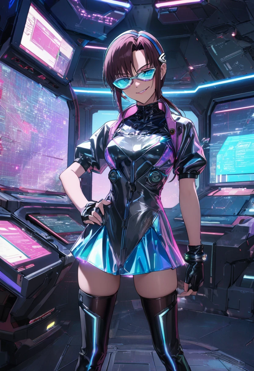 1girl, makinami mari illustrious,glasses, neon genesis evangelion, cyberpunk fashion, futuristic outfit, young adult woman, high-tech photoshoot, neon lighting, dystopian urban background, masterpiece, best quality, absurdres
Outfit details:
Holographic bodysuit with circuit board patterns
Asymmetrical black mini-skirt with LED light trim
Clear PVC jacket with embedded flexible OLED displays
Accessories:
Cyber goggles with glowing LED accents
Metallic arm bands with touch-sensitive controls
Thigh-high boots with built-in holographic displays
Fingerless gloves with exposed circuitry
Multiple ear cuffs with blinking LED lights
Hairstyle:
Side tail maintained, but add some electric blue streaks
Undercut on one side with circuit pattern shaved in
Makeup:
Metallic eyeshadow in silver and electric blue
Holographic lip gloss
Small LED lights applied as face accessories
Background: Futuristic space station cockpit, large curved windows showing Earth and stars, holographic control panels, sleek metallic interior with pulsing lights
Pose: Standing confidently, one hand on hip, other hand manipulating a holographic star map, slight smirk visible
Additional elements: Zero-gravity floating objects, status displays showing life support and navigation data, glimpse of a docked spaceship through a side window