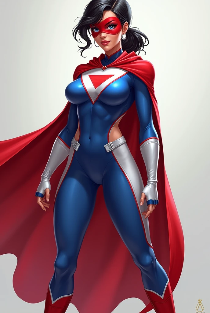 Spandexer, age 25-30, superheroine, mature, round face, pretty, wide eyes, dark hair, ponytail, athletic build, busty, costume: spandex, red cape, one-pieced, tight, sleeveless, blue top with white sides, up side down white triangle symbol, exposed belly, red underwear, white thigh-high socks, red boots, short blue fingerless, white shooter sleeves, red domino mask.