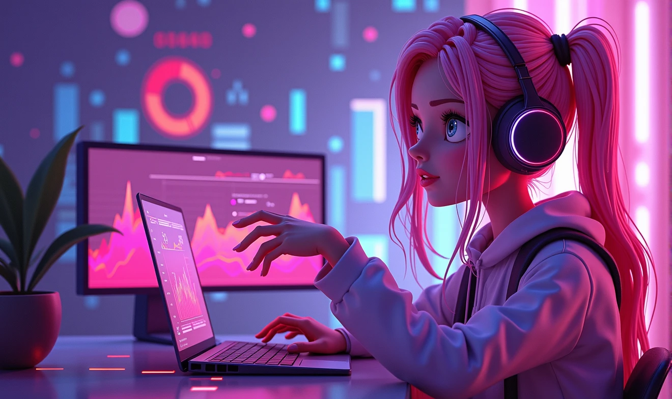 female data scientist with an ultra-modern tablet works with a huge amount of data, there are holograms with data around her, technologically advanced, cartoon style, futuristic style, bright, 3D style