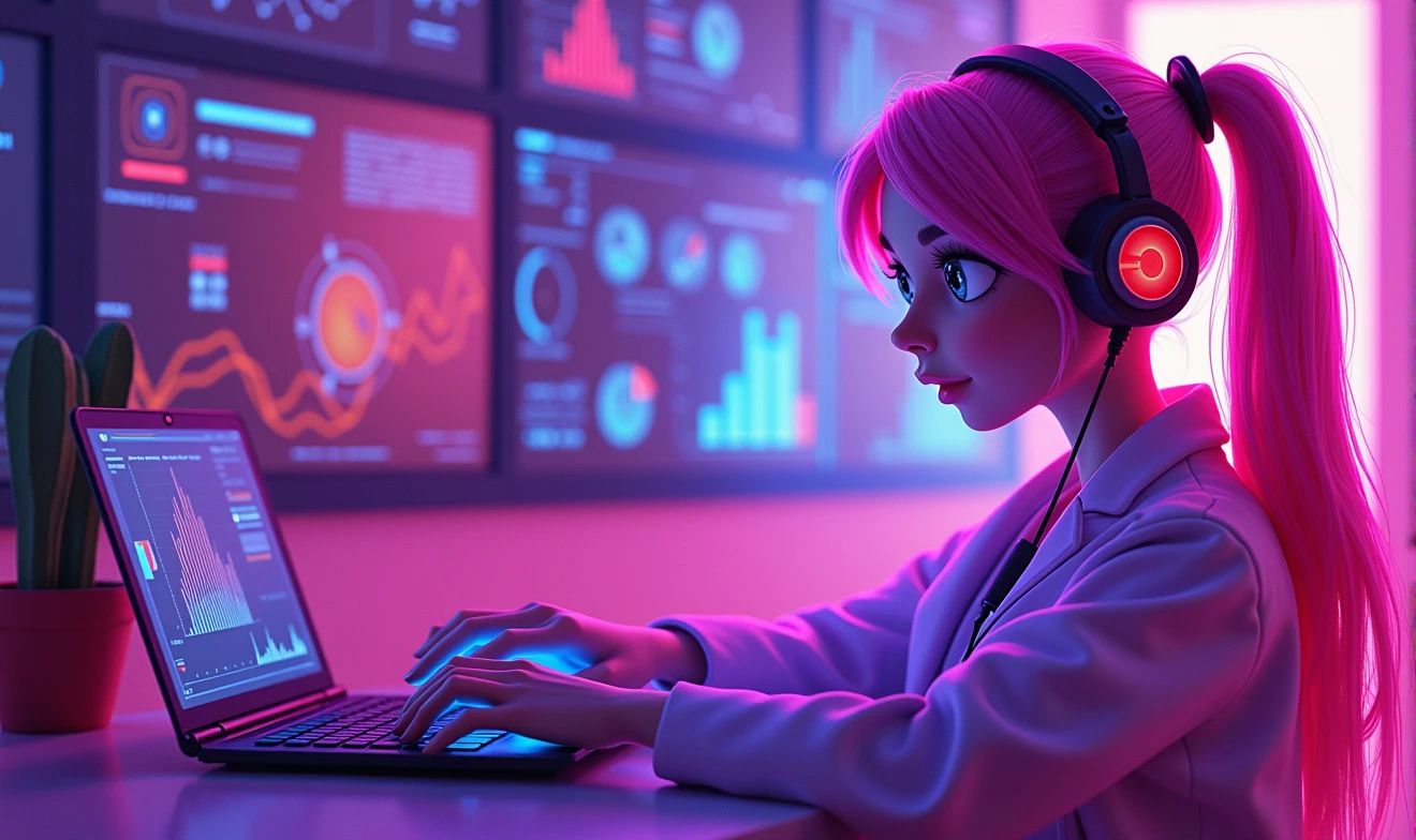 female data scientist with an ultra-modern tablet works with a huge amount of data, there are holograms with data around her, technologically advanced, cartoon style, futuristic style, bright, 3D style