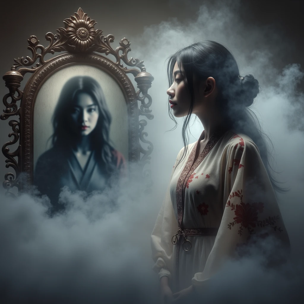 A mystical, inscrutable fog slowly engulfs a young Asian woman, her shadowy form cloaked in ambiguity. Foreground features an antiquated, elaborately decorated mirror that reflects an indistinct image, signifying the hidden truth of her identity. The entire scene is immersed in nuanced hues of riddle and secrecy, hinting at the enigma contained within the yet to be revealed narrative of a daughter unearthing her concealed history.
