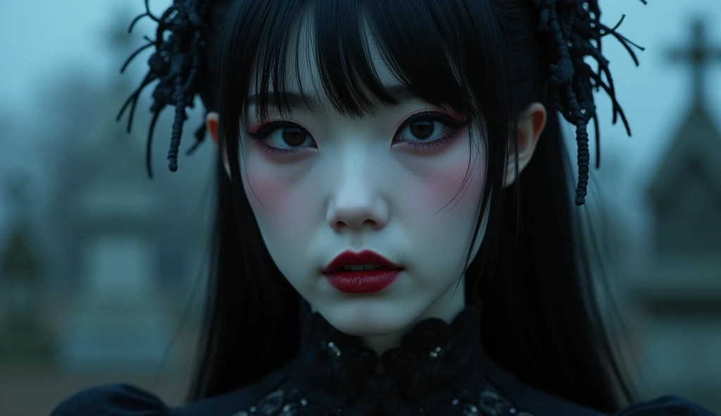 A highly detailed photorealistic image, a close up of a beautiful japanese woman, long hair with bangs, dreamy gothic girl, gothic make-up, she is a vampire, beautiful face, detailed face, elegant render, half body photo, mistress, photoshop render, a bit bluish cinematic lighting, ebony rococo, elegant girl, female spy, haunting beautiful young woman, detailed face, extravagant dress, beauty girl, very femenine, gothic cemetery at background, dark haze atmoosphere, ambient dust