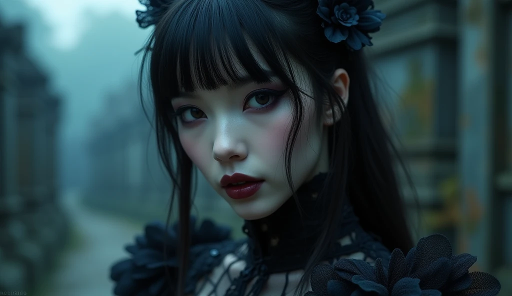A highly detailed photorealistic image, a close up of a beautiful japanese woman, long hair with bangs, dreamy gothic girl, gothic make-up, she is a vampire, beautiful face, detailed face, elegant render, half body photo, mistress, photoshop render, a bit bluish cinematic lighting, ebony rococo, elegant girl, female spy, haunting beautiful young woman, detailed face, extravagant dress, beauty girl, very femenine, gothic cemetery at background, dark haze atmoosphere, ambient dust