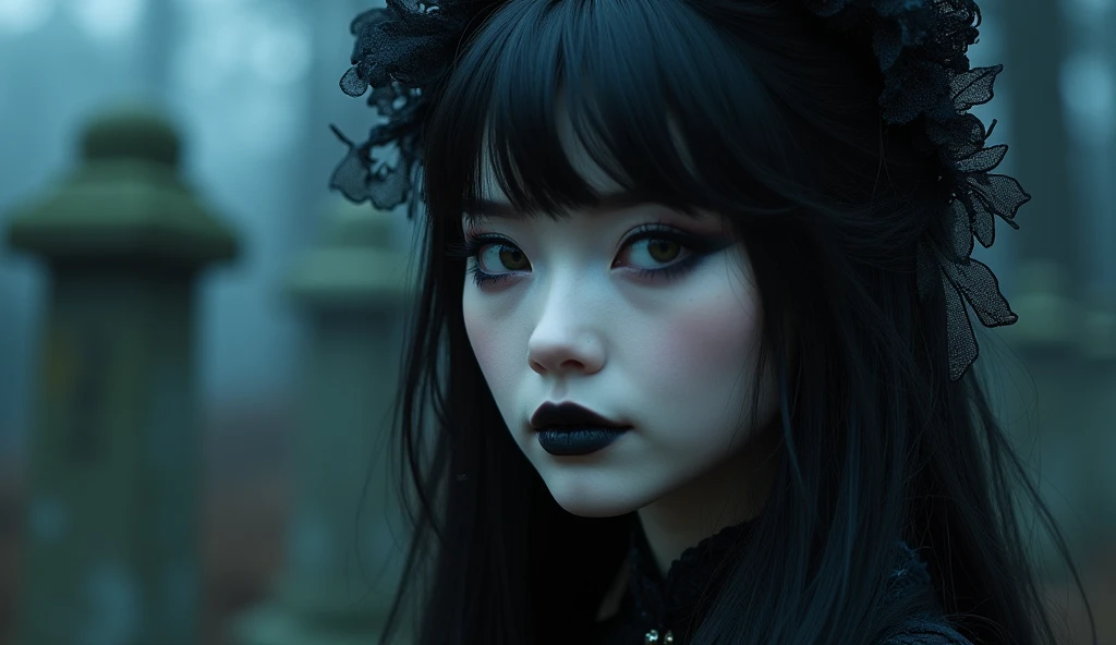 A highly detailed photorealistic image, a close up of a beautiful japanese woman, long hair with bangs, dreamy gothic girl, gothic make-up, she is a vampire, beautiful face, detailed face, elegant render, half body photo, mistress, photoshop render, a bit bluish cinematic lighting, ebony rococo, elegant girl, female spy, haunting beautiful young woman, detailed face, extravagant dress, beauty girl, very femenine, gothic cemetery at background, dark haze atmoosphere, ambient dust