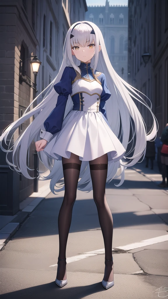 Silver long hair, golden eyes, flat chest，Blue and white long-sleeved dress，Thin legs，black stockings，high heels，Standing，medieval european city