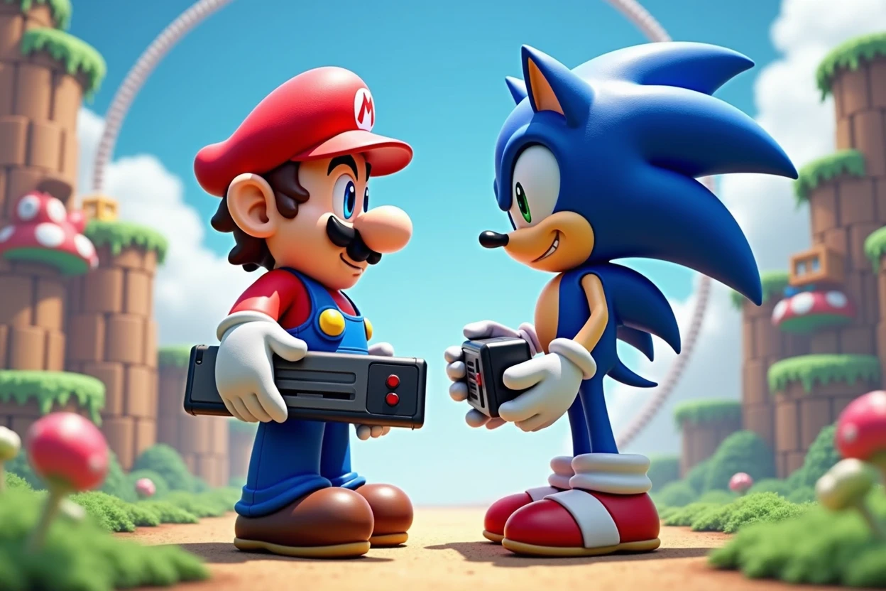 Super Mario and Sonic trade Super Nintendo and Sega Mega Drive