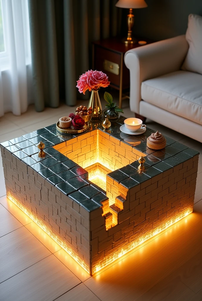 A small, square coffee table, handcrafted with a two-way mirrored glass surface that reflects an amazing visual effect inside, resembling an endless tunnel, a deep well, and an illuminated, unending staircase with warm golden LED lights.. The sides are covered with brick wallpaper that simulates the look of 3D textured wallpaper.. The table is decorated with simple decorations such as golden pedestals, small flowers, a cake and nuts, and contains a red rose and a tea cup. . The table is placed on a light-colored wooden floor.. The table design combines simplicity and elegance with a touch of modernity, making it a distinctive piece of art in any room or living room.