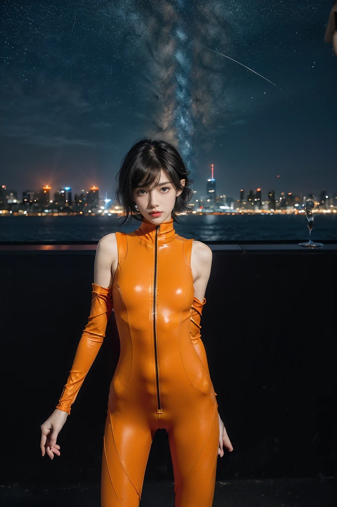 (((best quality))),(((ultra detailed))),(((masterpiece))),illustration,((1girl,Rui Kisugi,solo)),((slim,thin)),((small breasts,flat chest)),(tomboy wavy short hair:1.2),(bangs:1.3),((bare shoulder,shoulder off)),(orange full-body tight-fitting catsuit:1.5),(a red ribbon is tied around the waist:1.3),(standing:1.3),(On the roof of skyscraper:1.3),(city view:1.2),(outdoor:1.2),(night scene:1.3),elegant,confident,athletic,curves,(slender legs:1.2),waist,concrete,glass,buildings,starry sky,natural beauty,captivating,thought-provoking,((from front,upper body))