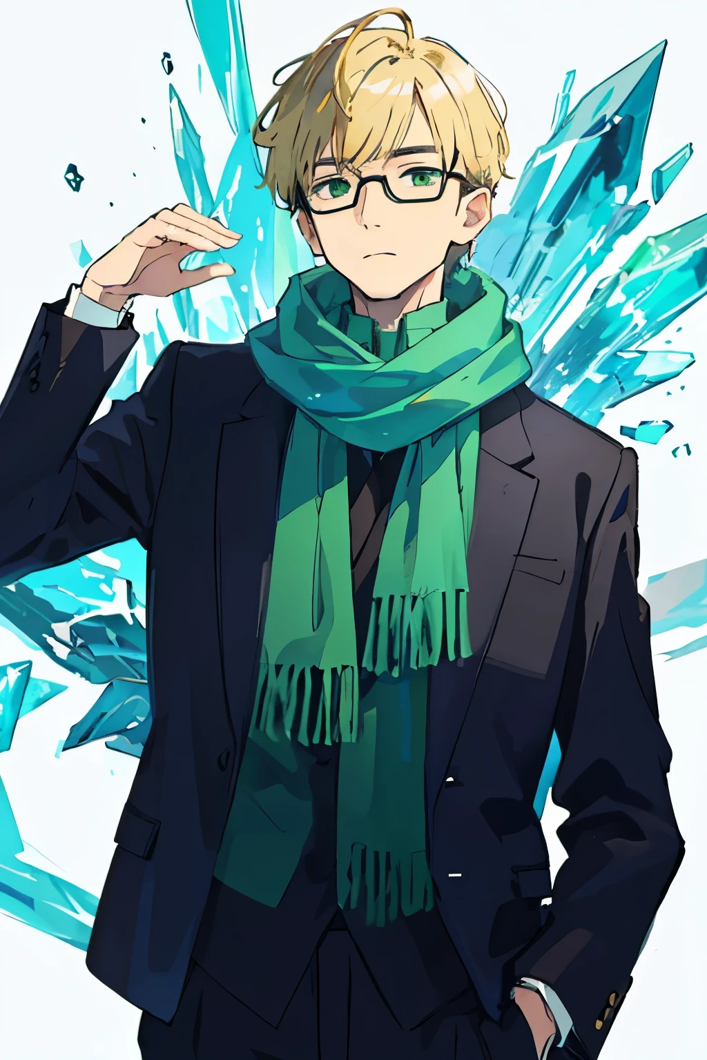 male male character design Oppa's bangs hairstyle
Short blonde hair, wearing a dark blue suit.
Wear a green scarf Wear cool, icy, black square glasses.
straight face alone