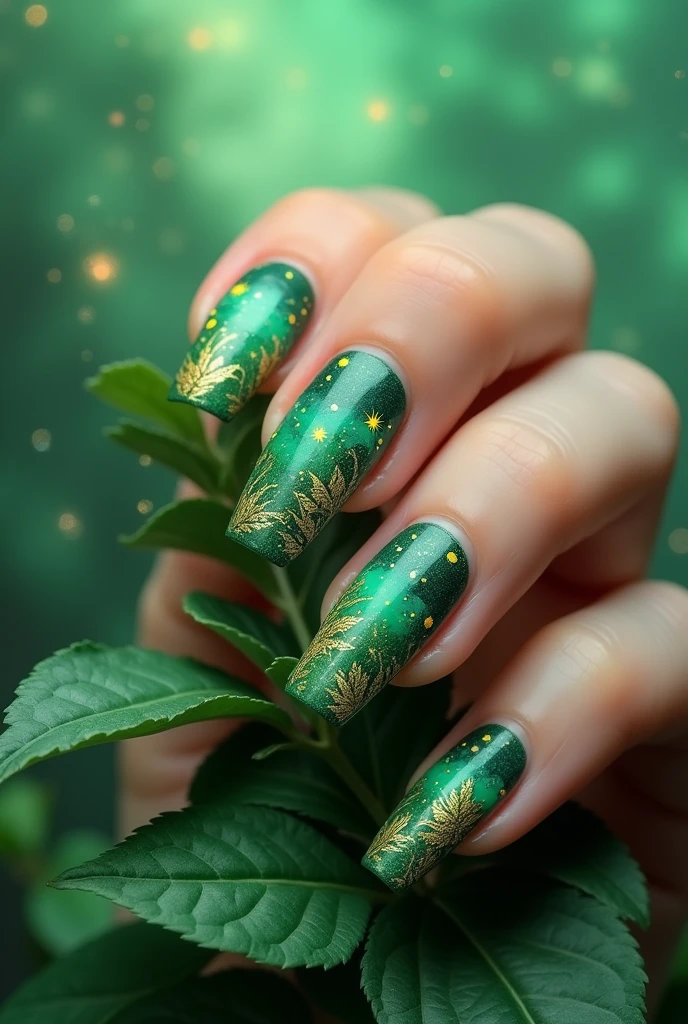 Tropical Fantasy Forest Nail Art: Step into a vibrant fantasy with this enchanting design. Each nail is painted in a lush gradient of deep jungle green and bright fern green. The design features whimsical patterns of enchanted tropical creatures like glowing fireflies and mythical birds perched among intricate, oversized leaves. The background is a dreamy, misty emerald that enhances the forest-like ambiance.