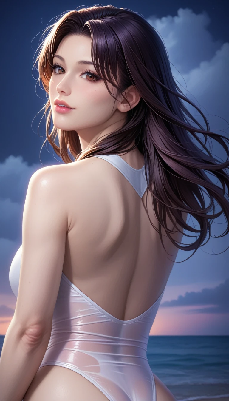 score_9, score_8_superior, score_7_superior, High-resolution CG illustration,A masterpiece in 32K resolution,Highest quality,it is really amazing,Very detailed,Ultra-high resolution,Ultra-realistic,Realistic,Increased depth of field,Cinematic lighting,
Sexy mature Japan woman,
Straight long hair with black hair,Ultra-detailed and beautiful face,Calm and gentle look,Beautiful brown eyes,Translucent white skin,Realistic skin texture,Great proportions,
Sexy high leg swimsuit,
Artistic design,Chic color scheme,Detailed fabric texture,
Dark overcast sky on a dull night,Dark clouds filling the sky,Thundercloud,Coastline at night,Stormy seas,delay々A desolate sandy beach that continues,
Beautiful back,Back view,Cinematic Angle,