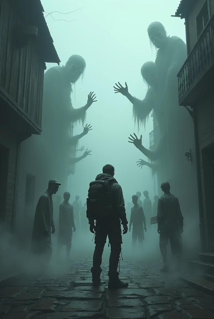 The hiker standing in the village square, surrounded by the ghostly villagers who are slowly advancing with outstretched hands