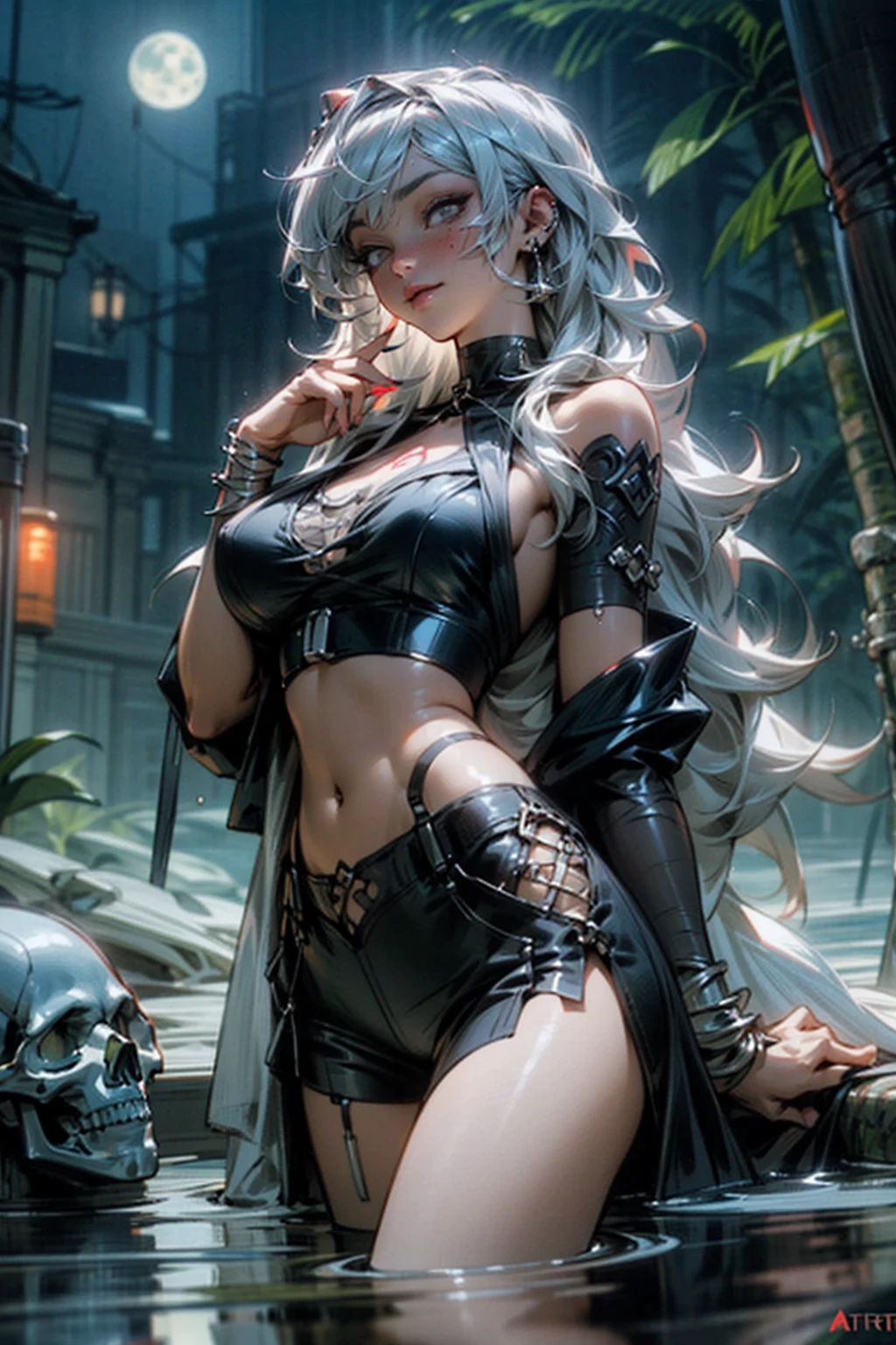 Prompts
Copy
Masterpiece, Best Quality, (Perfect Face:1.1) , (High Detail:1.1), Hera, Goddess of Motherhood and Chastity, Bathing Scene, Dramatic, Female Triplets, Breasts, White Hair, Gray Hair, silver Eyes, Cleavage, Long Hair, Curvaceous, Moon, See-through, Night, Dress, Thighs, Navel, black Dress, Thonged Choker, Bare Shoulders, Lips, Covered, Laced Robes, pelvic curtains, laced pelvic curtains, navel piercings, body piercings, huge chest, bruised knees, knee-down shorts, garter belt, black sandals, body piercings, neck chains, chains wrapped around the body, castle, detailed background of rocky areas in the Aegean Sea, Art, film lighting by Artgerm and Greg Rutkowski, Only one women, skull tattoos, Cyberpunk