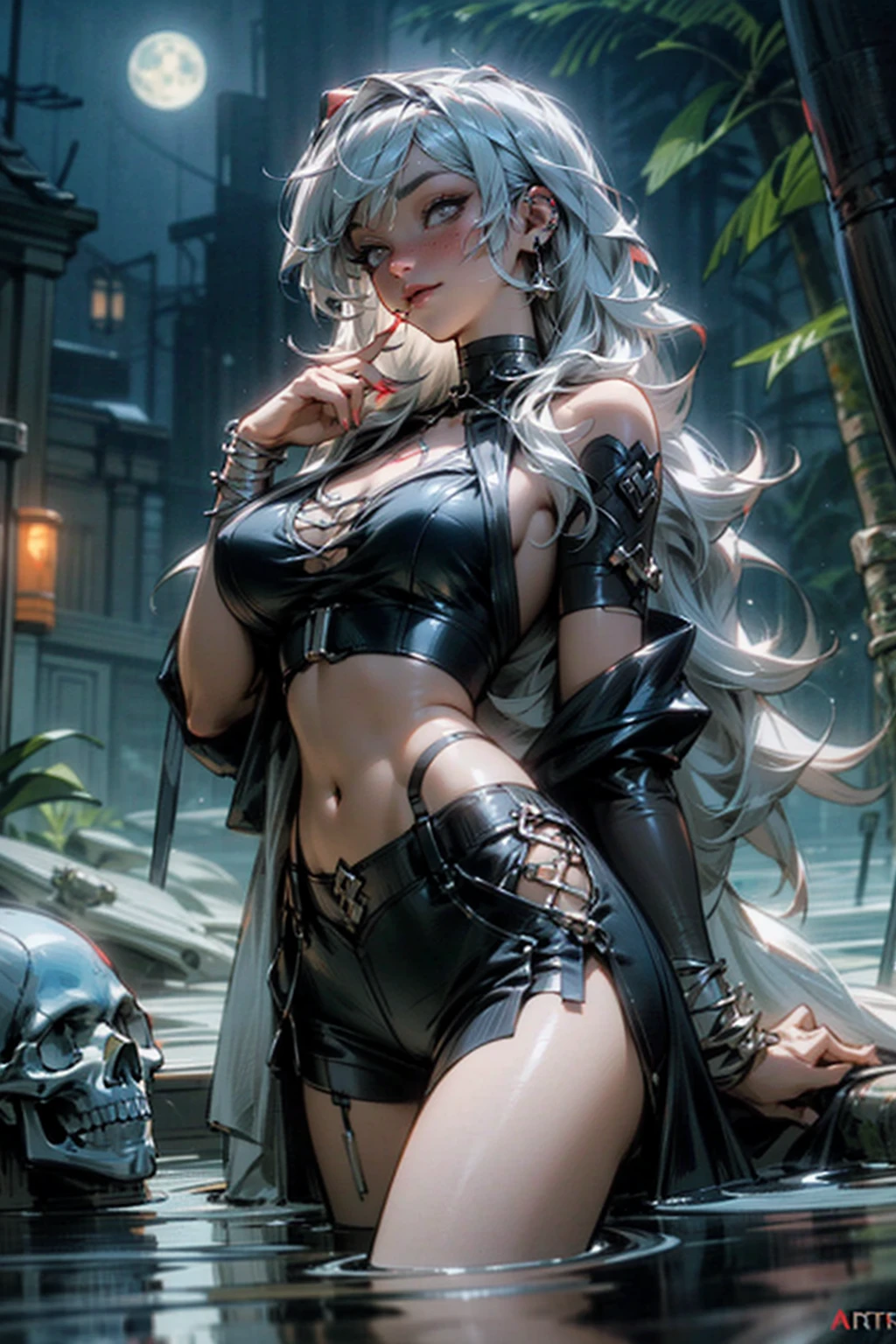Prompts
Copy
Masterpiece, Best Quality, (Perfect Face:1.1) , (High Detail:1.1), Hera, Goddess of Motherhood and Chastity, Bathing Scene, Dramatic, Female Triplets, Breasts, White Hair, Gray Hair, silver Eyes, Cleavage, Long Hair, Curvaceous, Moon, See-through, Night, Dress, Thighs, Navel, black Dress, Thonged Choker, Bare Shoulders, Lips, Covered, Laced Robes, pelvic curtains, laced pelvic curtains, navel piercings, body piercings, huge chest, bruised knees, knee-down shorts, garter belt, black sandals, body piercings, neck chains, chains wrapped around the body, castle, detailed background of rocky areas in the Aegean Sea, Art, film lighting by Artgerm and Greg Rutkowski, Only one women, skull tattoos, Cyberpunk