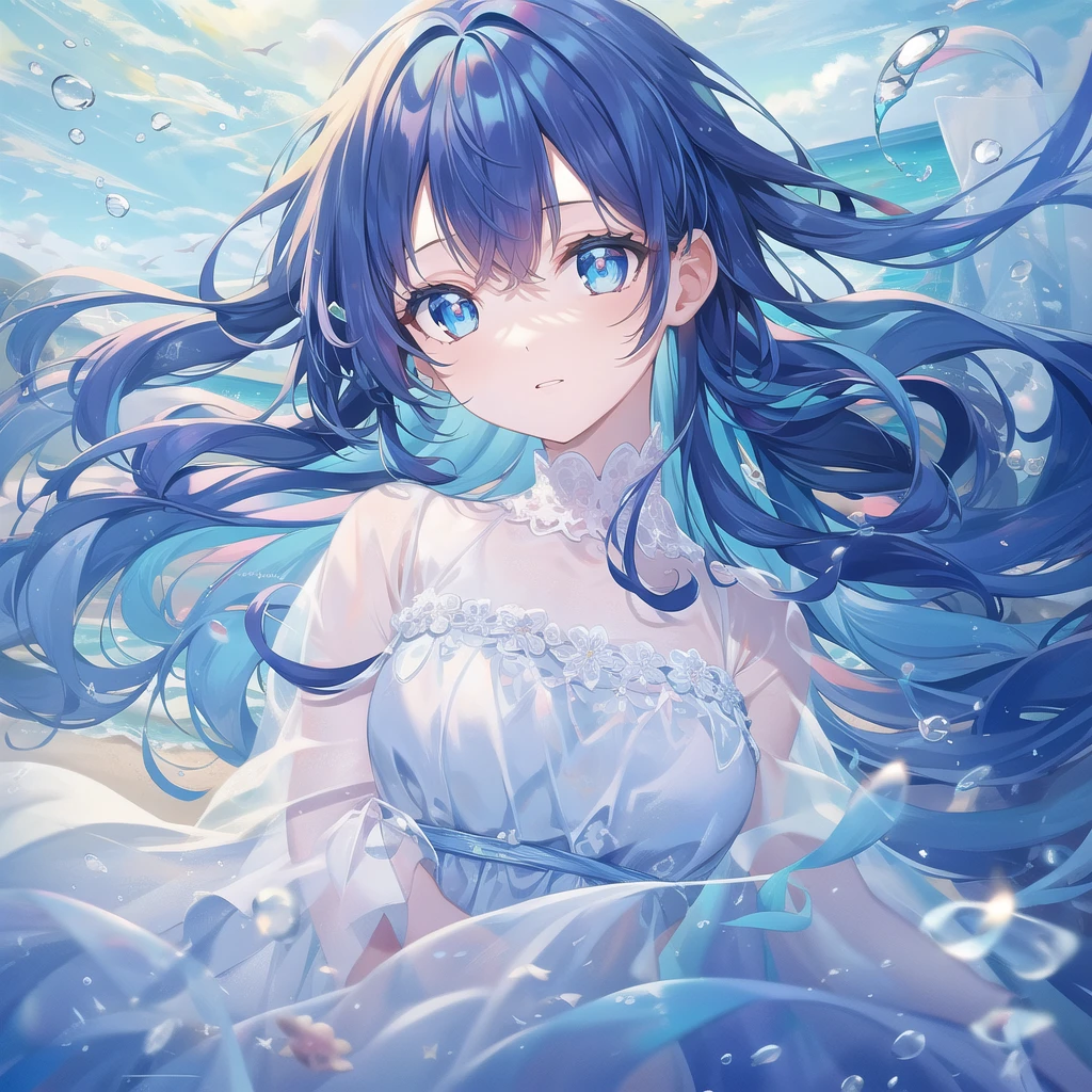 ((masterpiece, best quality))++, Detailed lighting+, Detailed hair+, Detail hand+ ,1 girl, Miss, Long hair, Crimson eyes, beautiful eyes, Young blue-haired,,(beautiful blue hair:1.5),(Beautiful and delicate eyes), high resolution+,glass tint, Reflective eyes, {{angle}} , Very detailed wallpaper, The original, Air bangs,Extremely beautiful CG,Firefly,Nature,ocean