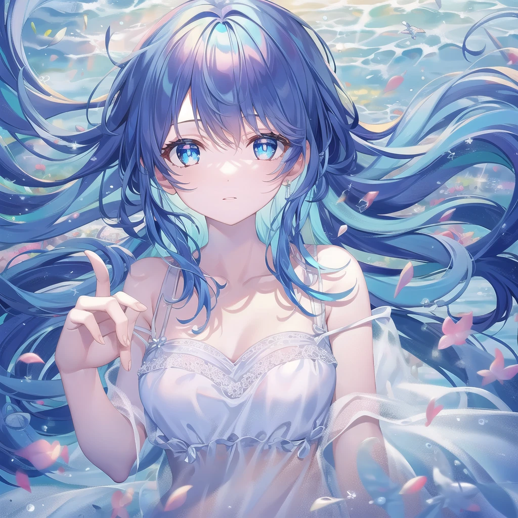 (masterpiece, top quality, best quality,watercolor (medium),official art, beautiful and aesthetic:1.2),(1girl:1.3), (fractal art:1.3),upper body, from side, looking at viewer,patterns,(rainbow color Hair,colorful hair,half blue and half pink hair:1.2),water,liquid, cloud,colorful, starry,stars,
