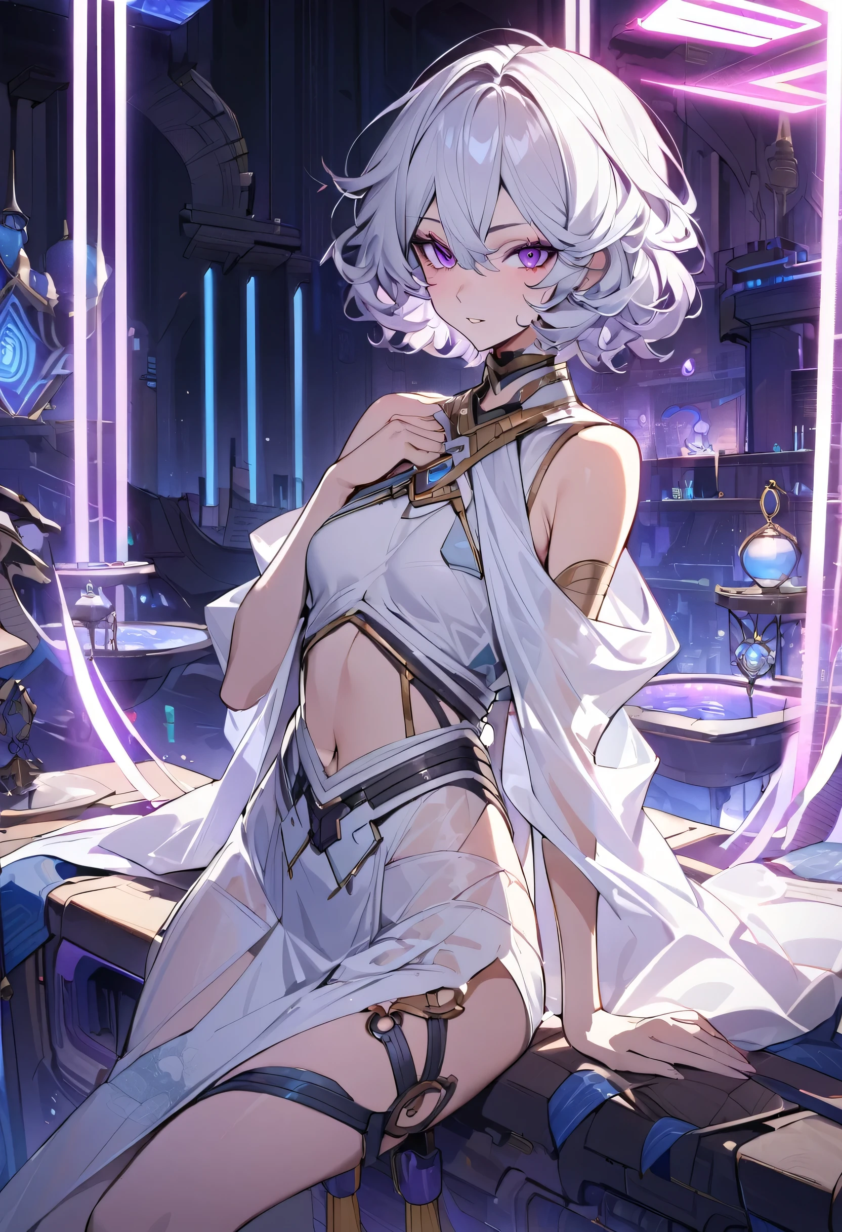8k, masterpiece, Character design of Lena Carmina, a 23-year-old woman in a post-apocalyptic near-future world. She has a short bob hairstyle, silver-white hair, and deep purple eyes. Her skin is sun-kissed, reflecting a desert environment. She wears a futuristic, sexy yet functional armor or a draped dress with transparent elements. The outfit features accessories inspired by the aesthetics of shisha smoke. Lena is a mysterious and charming figure, with a calm and witty demeanor. The background features a futuristic, neon-lit interior with elements of ancient decor, reminiscent of a shisha bar called 'Nebula Oasis.' The atmosphere is a mix of modern and ancient styles, creating a relaxing yet intriguing environment.
