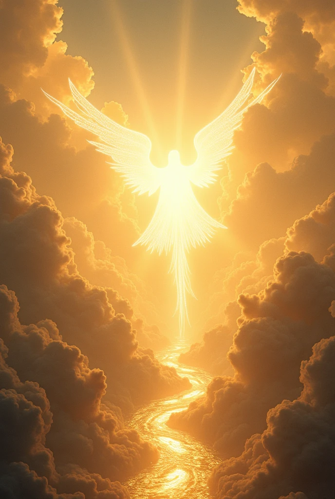 ((Fantastic)) ((sky landscape)) ((lights)) stele, heavenly, angels full of light, distant image, wings shining, emanating light, off white, golden, Streets of Gold, river of crystals, gem stones, distant humanoid figure, silhouette of a man of light, farthest clear daytime sky off white, +Ceu, river running in the middle of the holy city, great white throne, glorious White throne Much larger than the humanoid figure.