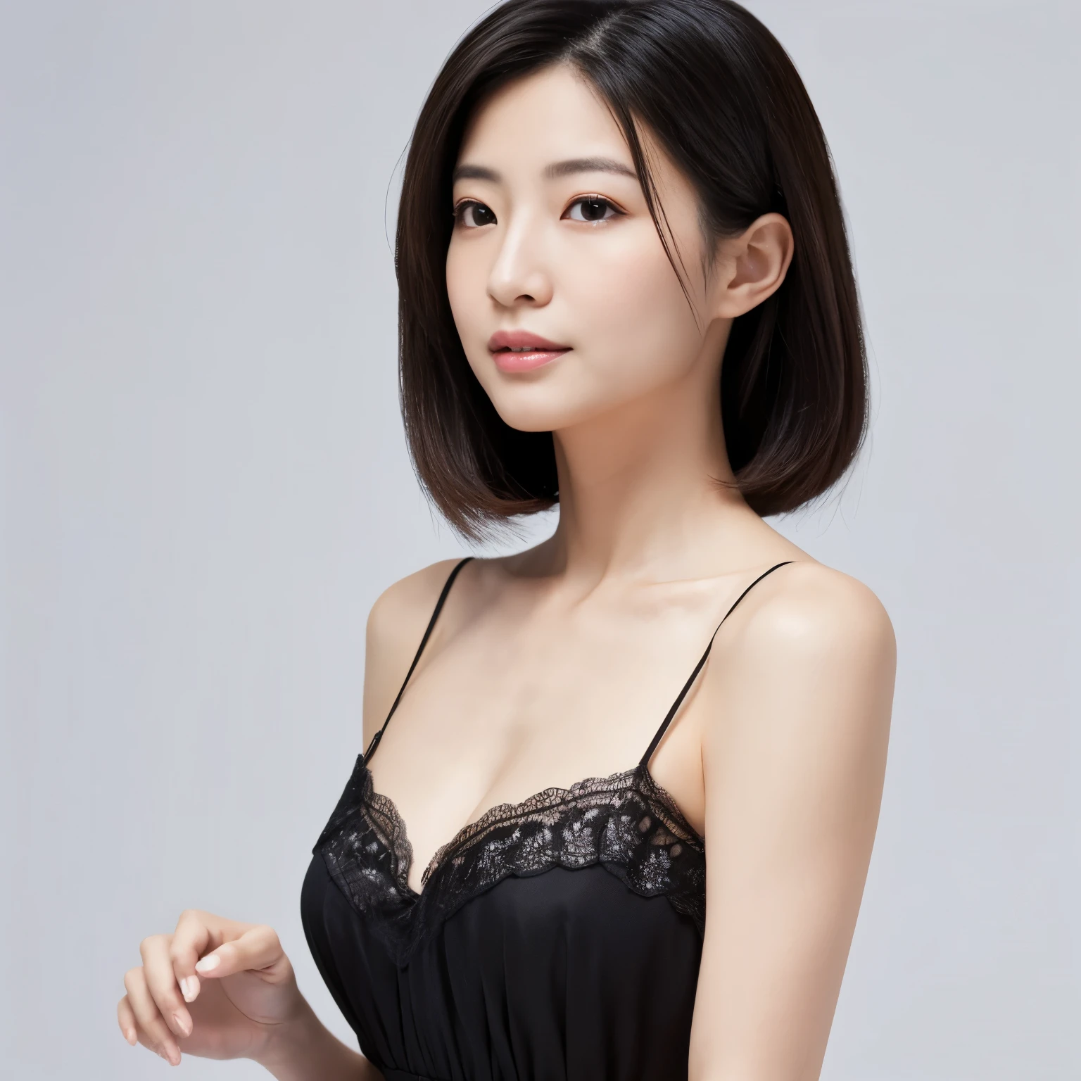 ((Highest quality)), ((masterpiece)), (detailed), Black top,Japanese,Elegant,Mature Woman,Look forward,Upper Body,（Simple white background）
