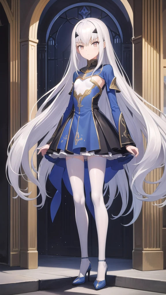 Silver long hair, golden eyes, flat chest，Blue and white long-sleeved dress，Thin legs，black stockings，high heels，Standing，medieval european city