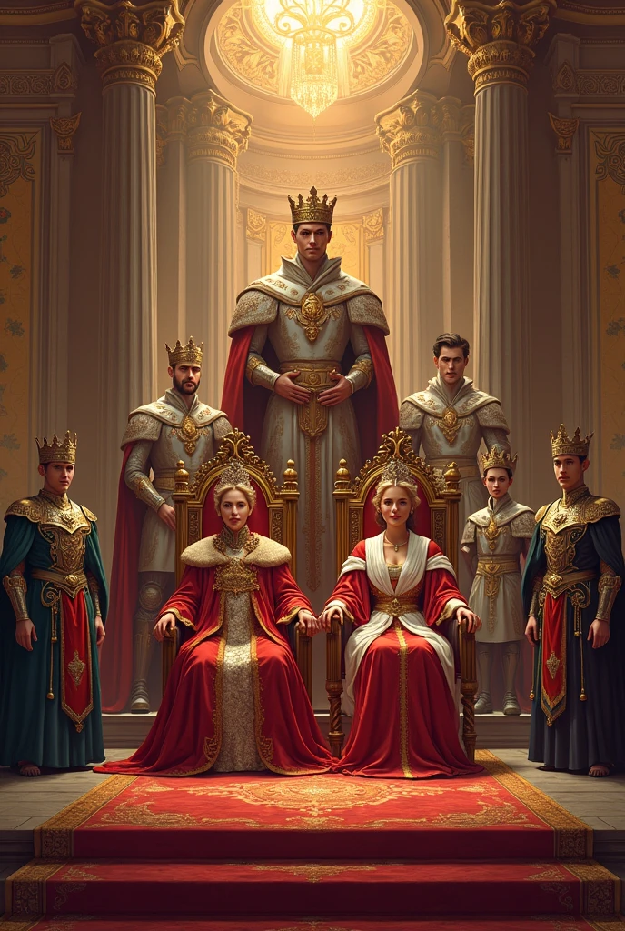 gumawa ng picture na may hari at reynang nakaupo sa crown seat. sa likod ng hari ay isang prinsepe kasama ang kaniyang kasintahan, sa likod naman ay isang prinsepe at isang kawal 
