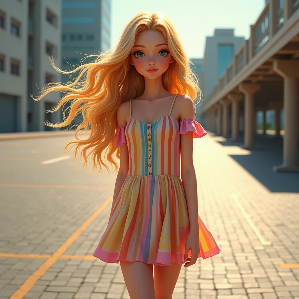 An American girl with golden wave hair wearing a short dress and stand in a parking area 