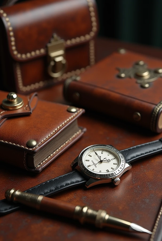 Curated Collection: Display a curated set of vintage items—a bag, watch, and pen—on a vintage leather desk, focusing on the craftsmanship and elegance.