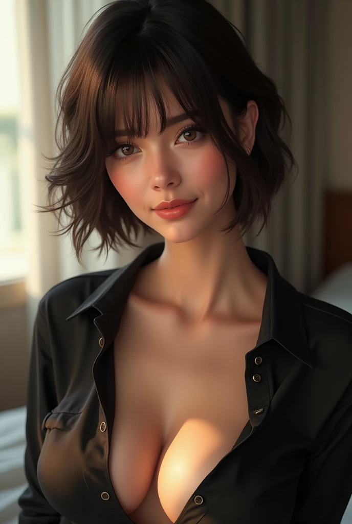 (Maximum quality), (Ultra-Precision CG16K Wallpaper), (masterpiece), (Super detailed), (super extreme details), (mature woman), (38 year old woman), (very beautiful face), (Mai Shiraishi:1.5), (short straight hair:1.3, hair with bangs), (Dark brown hair), (beautiful delicate eyes), (Brown eyes), (arched eyebrows), (High nose), (small mouth), (seductive lips), (beautiful breasts), (Breasts cup size C), (neckline), (perfect proportions), (perfect anatomy), (perfect composition), (beautiful detailed shading), (beautiful natural lighting), (Beautiful detail shines), (Depth of written limits), (high quaver), (real:1.9), (vivid:1.5), (Should:1.6), (beautiful skin), (skin texture), (cowboy shot, airtight:1.5), (shy smile:1.5), (eyes looking at me:1.5), (day bedroom), (natural light), (Open front shirt), (black clothes)