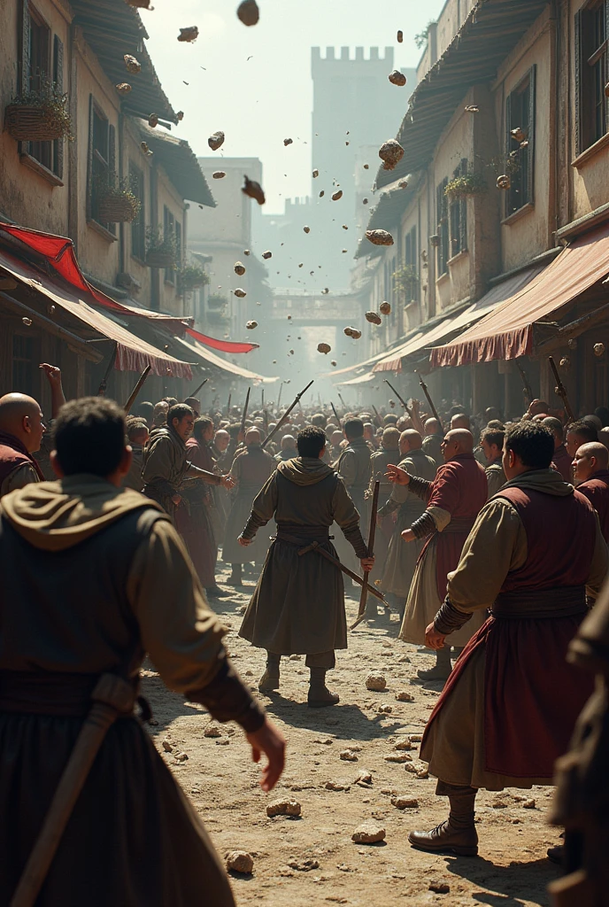 in a medievel market, a group of people throwing rocks and wood at a person