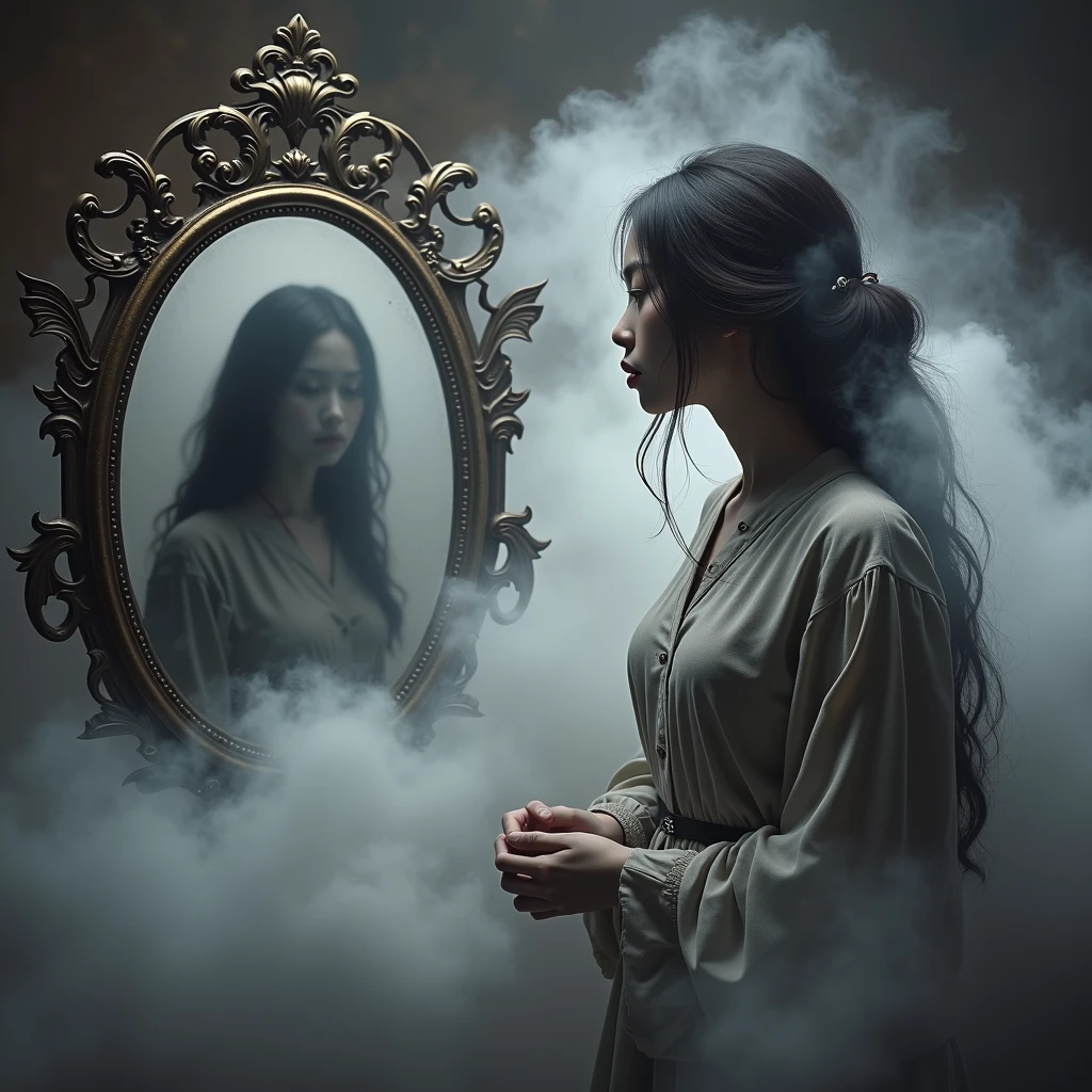 A mystical, inscrutable fog slowly engulfs a young Asian woman, her shadowy form cloaked in ambiguity. Foreground features an antiquated, elaborately decorated mirror that reflects an indistinct image, signifying the hidden truth of her identity. The entire scene is immersed in nuanced hues of riddle and secrecy, hinting at the enigma contained within the yet to be revealed narrative of a daughter unearthing her concealed history.