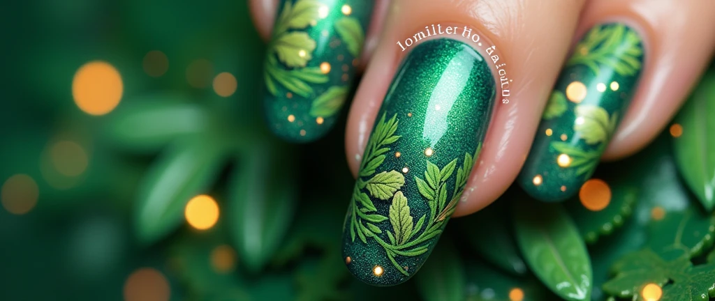 Tropical Fantasy Forest Nail Art: Step into a vibrant fantasy with this enchanting design. Each nail is painted in a lush gradient of deep jungle green and bright fern green. The design features whimsical patterns of enchanted tropical creatures like glowing fireflies and mythical birds perched among intricate, oversized leaves. The background is a dreamy, misty emerald that enhances the forest-like ambiance.






