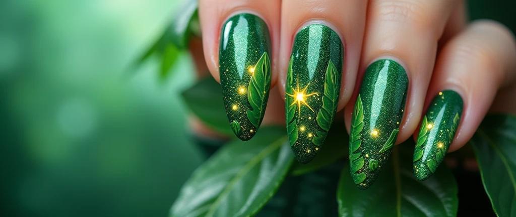 Tropical Fantasy Forest Nail Art: Step into a vibrant fantasy with this enchanting design. Each nail is painted in a lush gradient of deep jungle green and bright fern green. The design features whimsical patterns of enchanted tropical creatures like glowing fireflies and mythical birds perched among intricate, oversized leaves. The background is a dreamy, misty emerald that enhances the forest-like ambiance.






