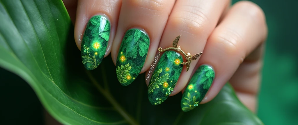 Tropical Fantasy Forest Nail Art: Step into a vibrant fantasy with this enchanting design. Each nail is painted in a lush gradient of deep jungle green and bright fern green. The design features whimsical patterns of enchanted tropical creatures like glowing fireflies and mythical birds perched among intricate, oversized leaves. The background is a dreamy, misty emerald that enhances the forest-like ambiance.
