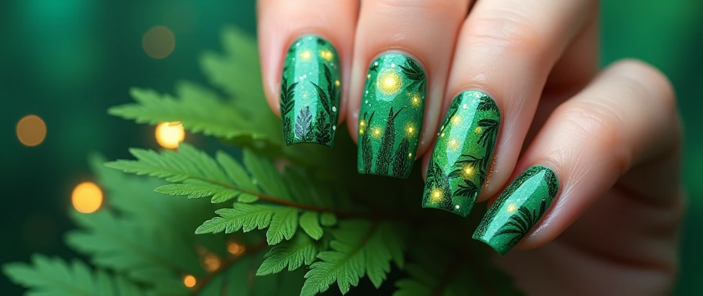Tropical Fantasy Forest Nail Art: Step into a vibrant fantasy with this enchanting design. Each nail is painted in a lush gradient of deep jungle green and bright fern green. The design features whimsical patterns of enchanted tropical creatures like glowing fireflies and mythical birds perched among intricate, oversized leaves. The background is a dreamy, misty emerald that enhances the forest-like ambiance.






