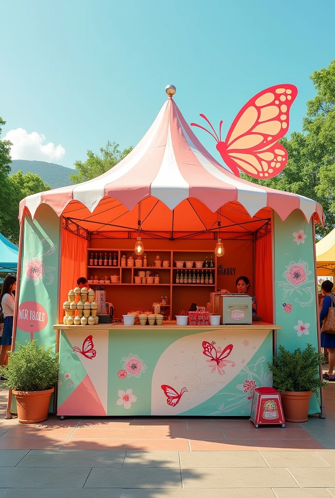 Budget friendly design Tent booth selling siomai and drinks with a design of butterfly, coquette, jpia, next euphoria