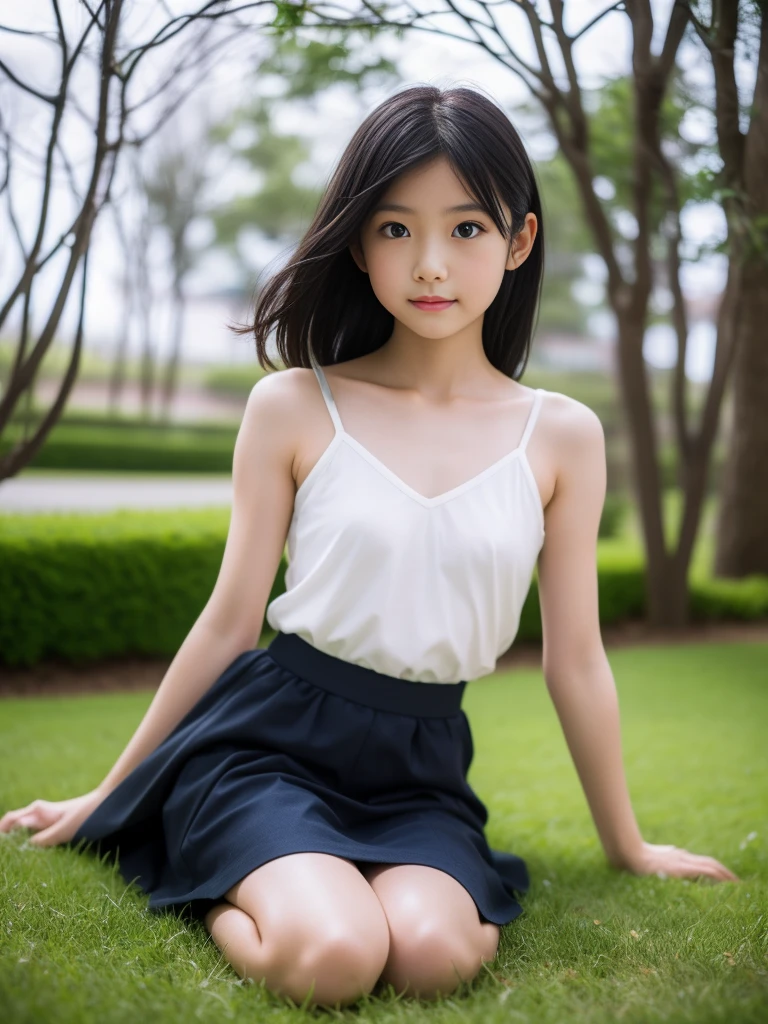 (masterpiece, Highest quality:1.4), Award-winning portraits, 8k, 85mm, alone, Beautiful Face, Delicate,  (On the grass), Sophisticated, cute, 15 years old, RAW Photos, Confused, High resolution, Sharp focus, Background Blur、(((flat  、細くてDelicate体、Childish atmosphere)))、Glossy short bob、Mole on the left cheek、 Dark blue eyes、the skirt is swaying in the wind、Hair swaying in the wind、sexy、flexible legs、naked、Angle shot from the ground