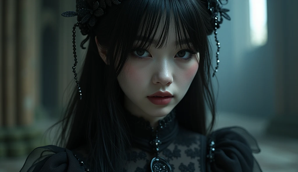 A highly detailed photorealistic image, a close up of a beautiful japanese woman, long hair with bangs, dreamy gothic girl, gothic make-up, she is a vampire, beautiful face, detailed face, elegant render, half body photo, mistress, photoshop render, cinematic lighting, ebony rococo, elegant girl, female spy, haunting beautiful young woman, detailed face, extravagant dress, beauty girl, very femenine, abandoned gothic cathedral at background, dark haze atmoosphere, ambient dust