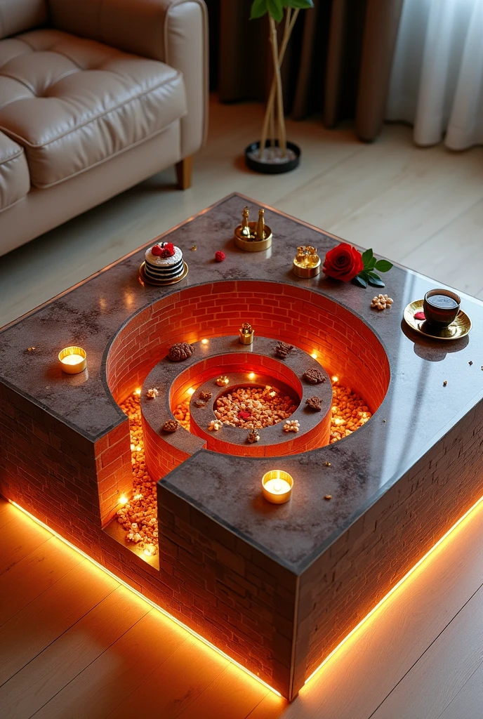 A small, square coffee table handcrafted with a two-way mirror glass surface that creates a mesmerizing visual effect resembling an endless tunnel, a deep well, and an unending stairway. Illuminated from within by warm red LED lights.. The sides are covered with brick wallpaper that simulates the look of 3D textured wallpaper.. The table is decorated with simple decorations such as golden pedestals, small flowers, a cake and nuts, and contains a red rose and a tea cup. . The table is placed on a light-colored wooden floor.. The table design combines simplicity and elegance with a touch of modernity, making it a distinctive piece of art in any room or living room.